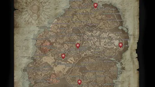 A map showing the potential spawn locations of each of the world bosses in Diablo 4