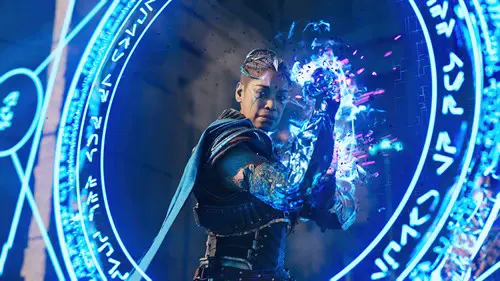 Kirkan in Immortals of Aveum, she is wielding blue magic to make a shield