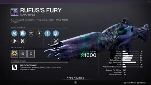 Destiny 2 Rufus's Fury: Rufus's Fury perks