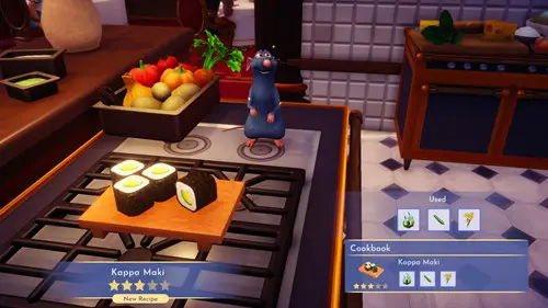 Screenshot of Kappa Maki, a recipe in Disney Dreamlight Valley that uses Seaweed