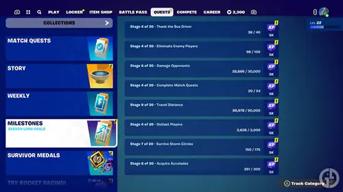 Milestones menu in Fortnite