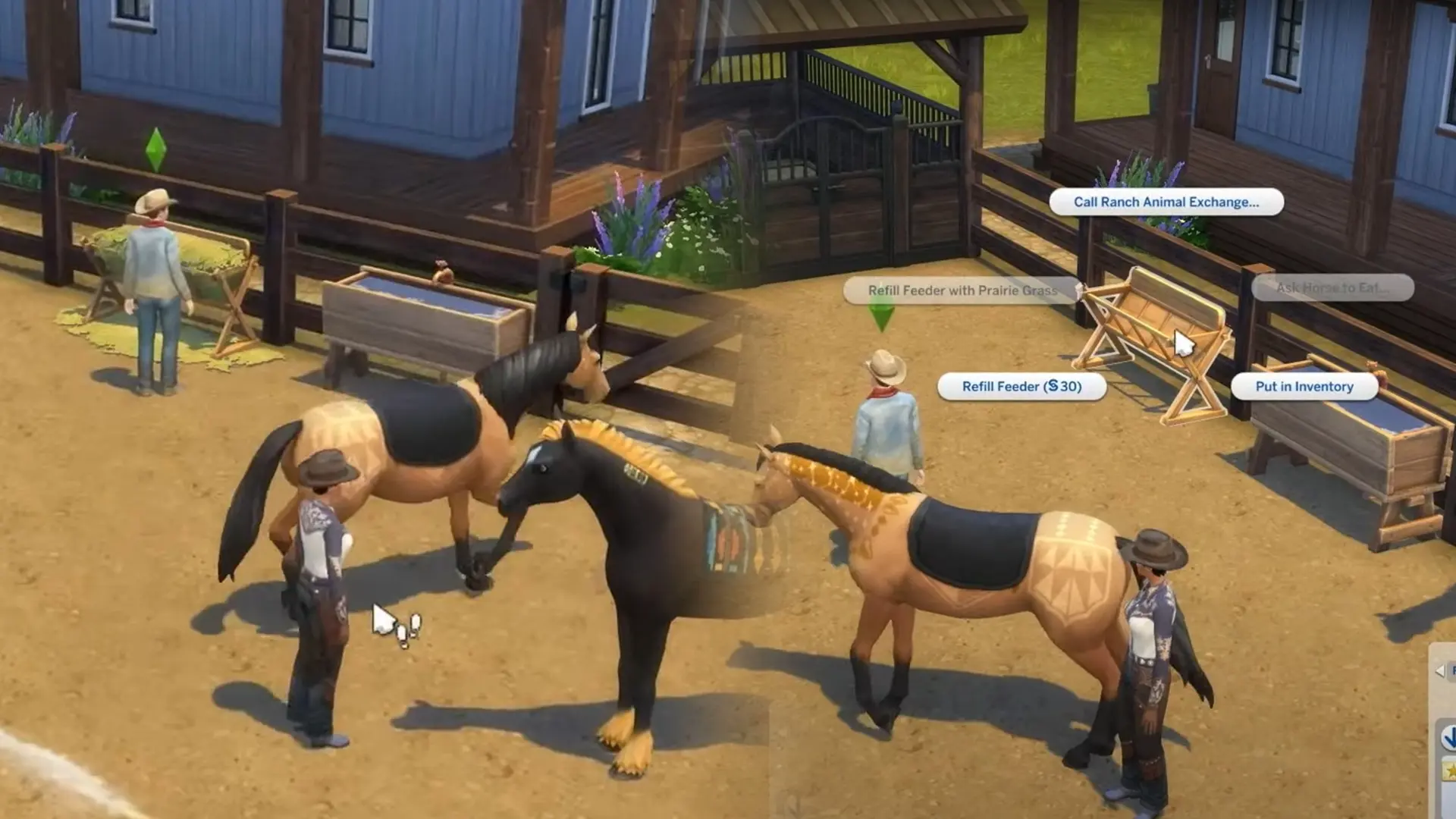 Screenshot showing how to refill a feeder in The Sims 4 Horse Ranch