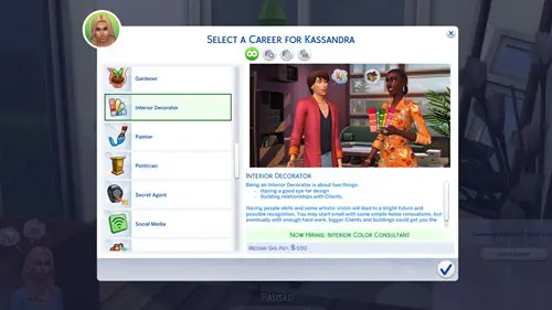 The Sims 4 Interior Decorator career menu