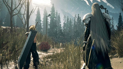 Cloud and Sephiroth look out over a desolate forest in Final Fantasy 7: Rebirth.