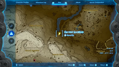 Map showing the end of the Tamio River in Zelda: Tears of the Kingdom where the Phantom Armour is located