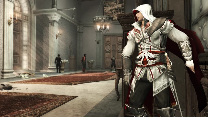 Ezio hiding behind a wall in Assassin's Creed 2