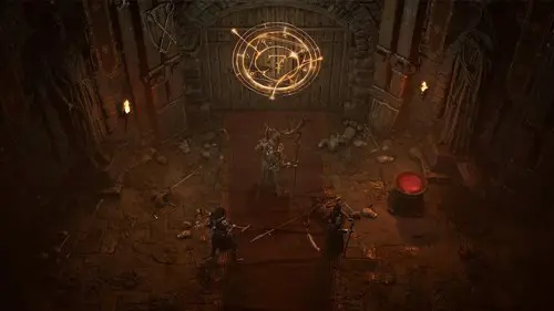 an image of Diablo 4 showing three characters approaching a door