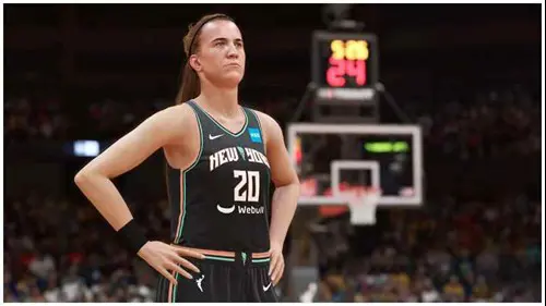 NBA 2K24 screenshot showing WNBA player in front of the hoop