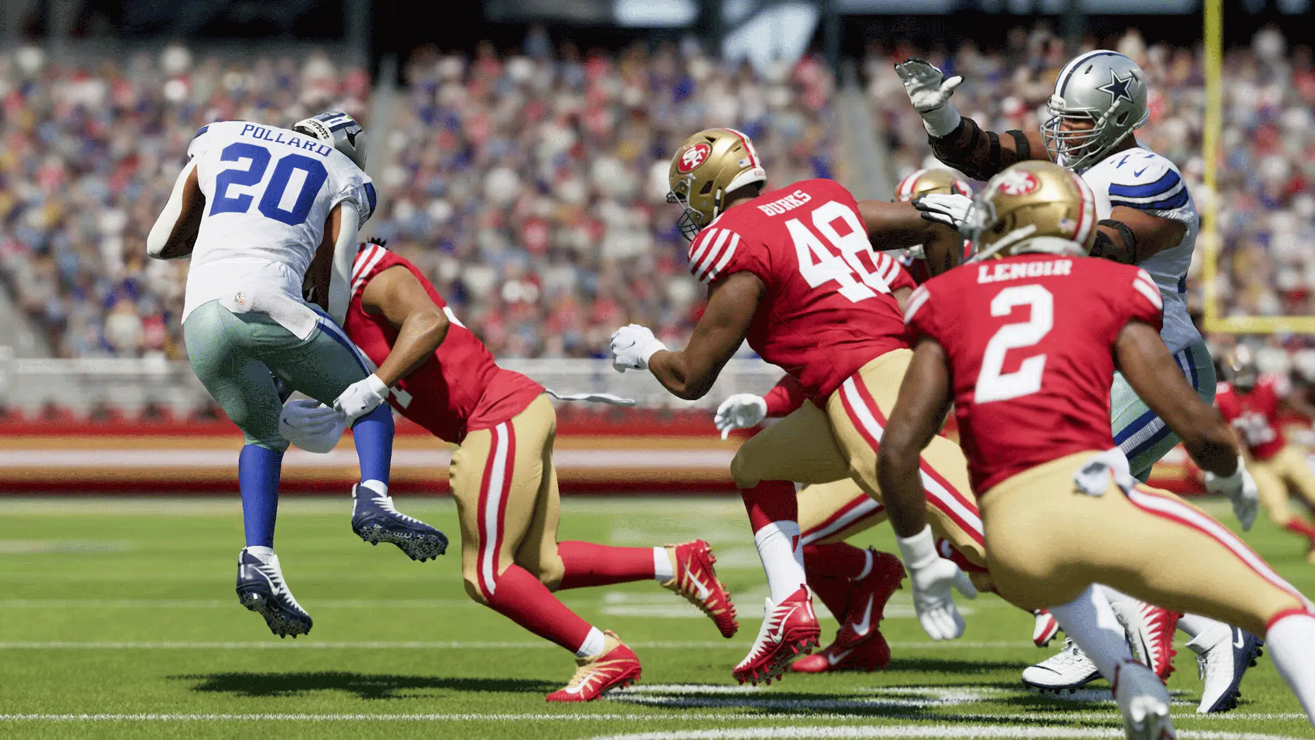 Madden 24 gameplay showing a player tackling another