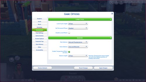 The Sims 4 Seasons weather settings