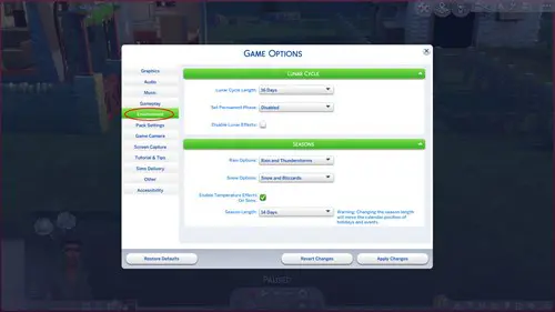 The Sims 4 Seasons weather settings