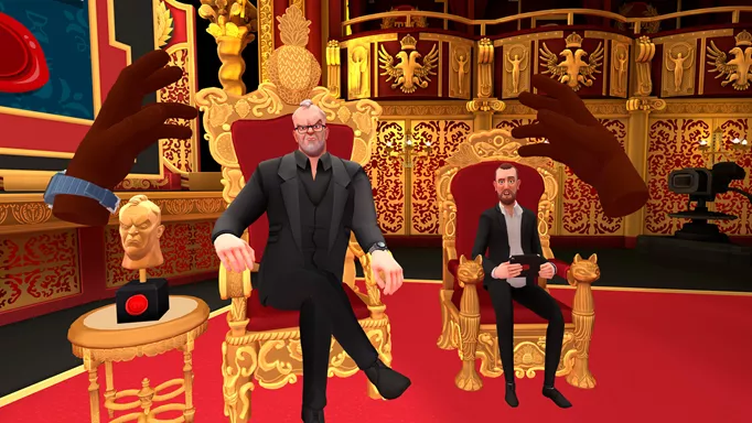 The player awaits their judgement from the Taskmaster as Alex Horne sits next to him on the stage of the studio in Taskmaster VR.