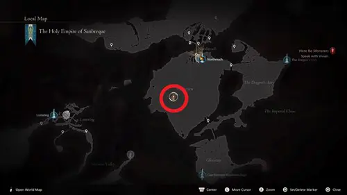 The Final Fantasy 16 Angel of Death location for the Aruna hunt circled on the map