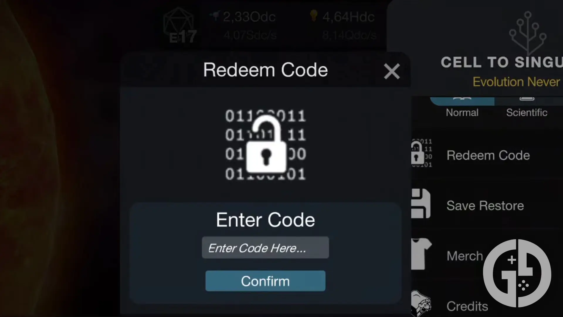 The Cell to Singularity code redemption menu