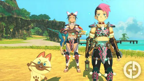 The protagonist, Kayna and Navirou in Monster Hunter Stories 2