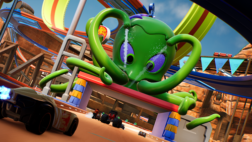 A HotWheels car approaching an Octopus-themed obstacle.