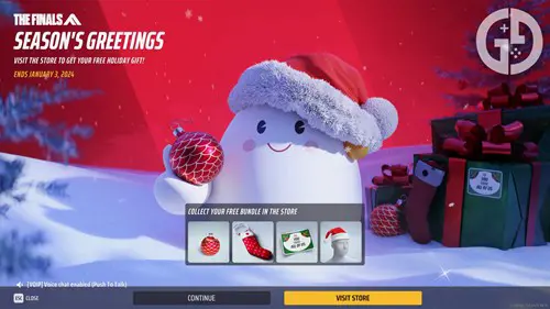 The Season's Greetings bundle in THE FINALS, including weapon charms and a Santa hat