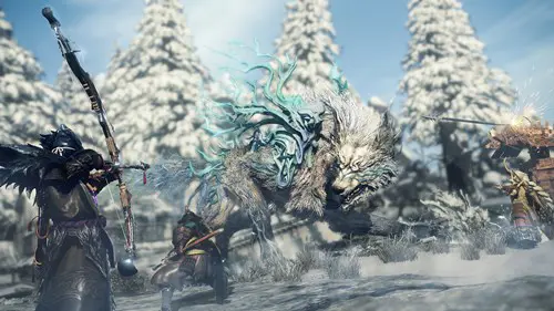 Screenshot from Wild Hearts showing a fight in an icy scene