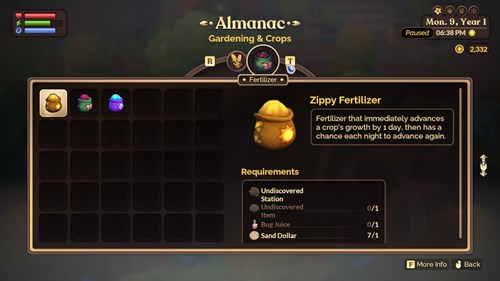 In-game screenshot of Fertilizer types in Fae Farm