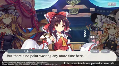 Screenshot of Reimu with a text box that says 'But there's no point wasting any more time here'