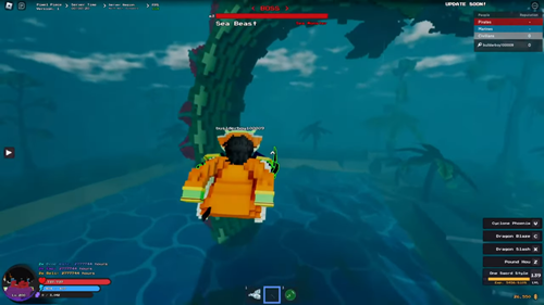 A pirate fighting the Sea Beast in Pixel Piece for Roblox