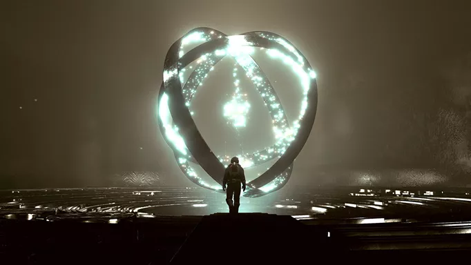 A promo image from Starfield showing the player in front of a large alien artifact