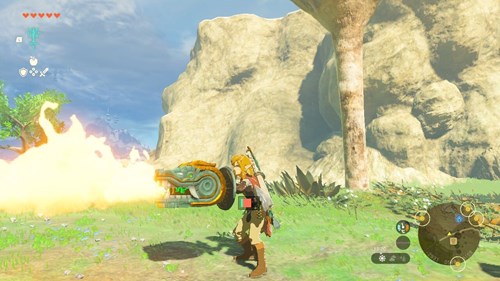 Link uses a Zonai Flame Emitter on his shield in The Legend of Zelda: Tears of the Kingdom