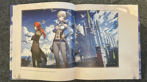 A peek inside the Genshin Impact Official Art Book Vol. 1 featuring the Defenders of Monstadt 2020 PC Version Open Technical Beta Test Congratulatory Art.