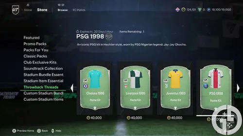 Image of the Throwback Threads kits in the Ultimate Team store in EA FC 24