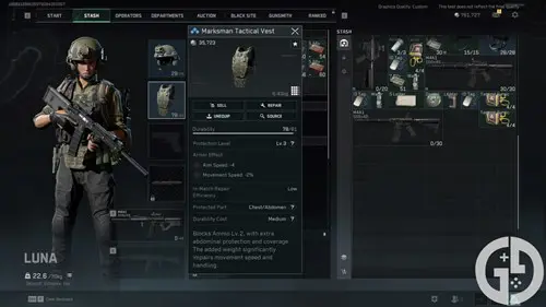 Image of an armour's stats in Delta Force Hawk Ops