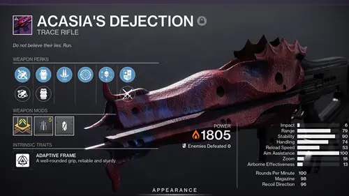 Destiny 2 Acasia's Dejection: The weapon's perks