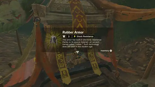 Link examines the Rubber Armor from The Legend of Zelda: Tears of the Kingdom