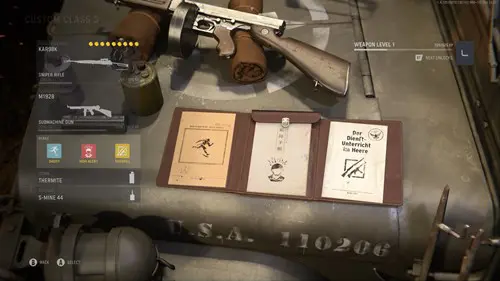 A loadout menu with a dossier file on a crate.