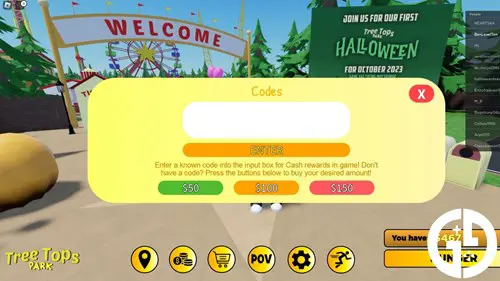 The menu to redeem Tree Tops Theme Park codes