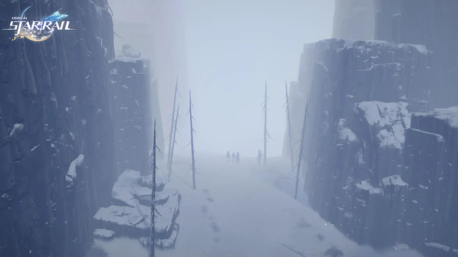 A group of people make their way through a snow-covered canyon in Honkai: Star Rail