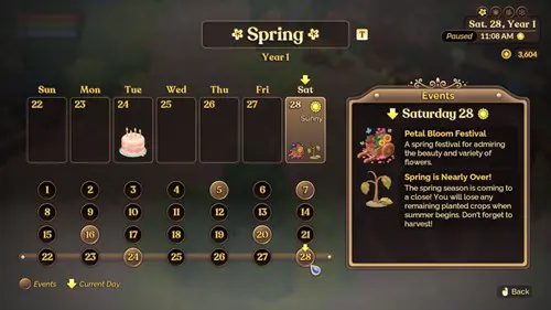 Screenshot of the Petal Bloom Festival calendar entry in Fae Farm