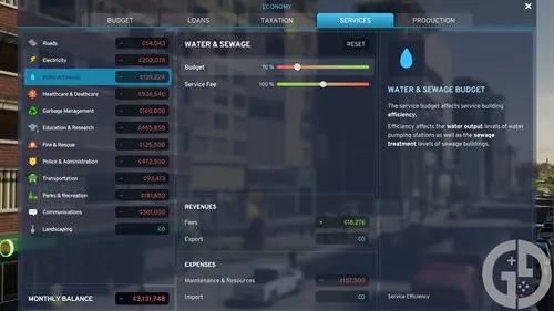 Image of the expenses screen in Cities Skylines 2