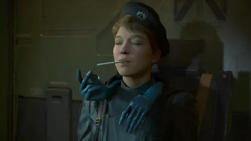 Image of Fragile lighting a cigarette in Death Stranding 2