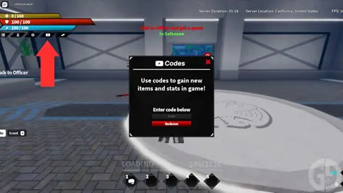 The code redemption screen in One Punch Hero for Roblox