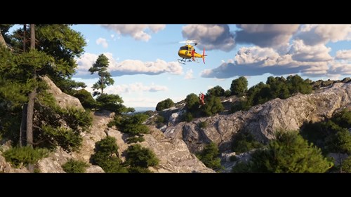 A search and rescue mission on some rocky hills from Microsoft Flight Simulator 2024