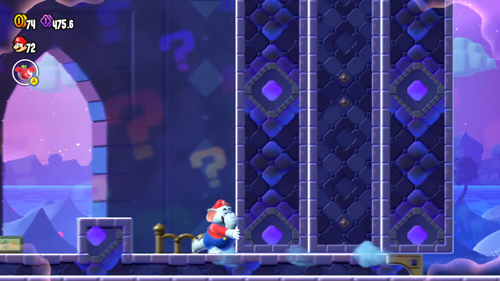 Mario pushing a wall in Super Mario Wonder