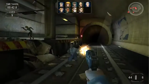 A gunfight in an abandoned subway station in TimeSplitters.