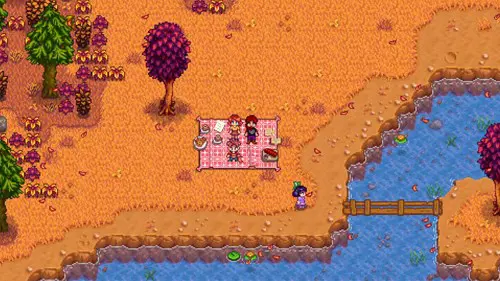 A farmer sits with Penny on a picnic blanket in the woods in Stardew Valley.