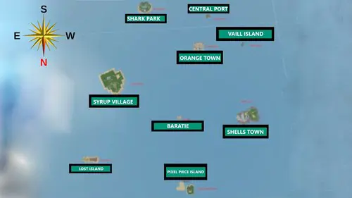 A map of Pixel Piece, showing Syrup Village where you can learn Geppo