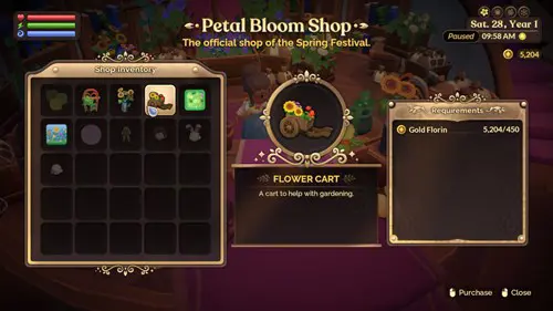 Screenshot of the Petal Bloom Festival shop in Fae Farm