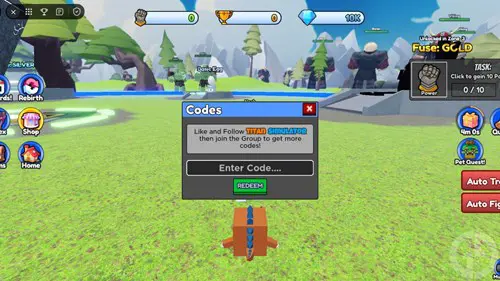 The code redemption screen in Roblox Titan Simulator X