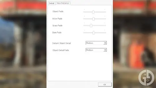 Best Graphics settings for Fallout 4 on Steam Deck, showing the Fade sliders set to half way for each setting.