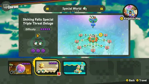 A screenshot of the Shining Falls Special Triple Threat Deluge level in Super Mario Wonder