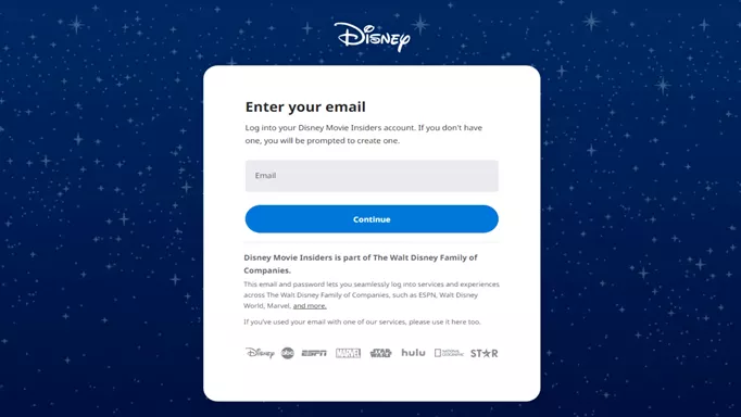 The interface for entering your email on Disney Movie Insiders.