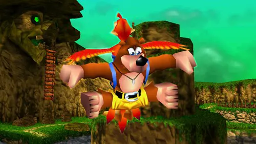 Banjo and Kazooie jump through the air in Banjo-Kazooie.